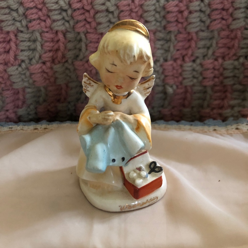 Vintage Angel Figurine Holding Baby Blanket - Blue & Cream